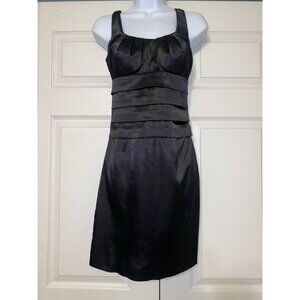 Black Satin Sleeveless Knee-Length Dress With Pleated Waist And Square Neckline
